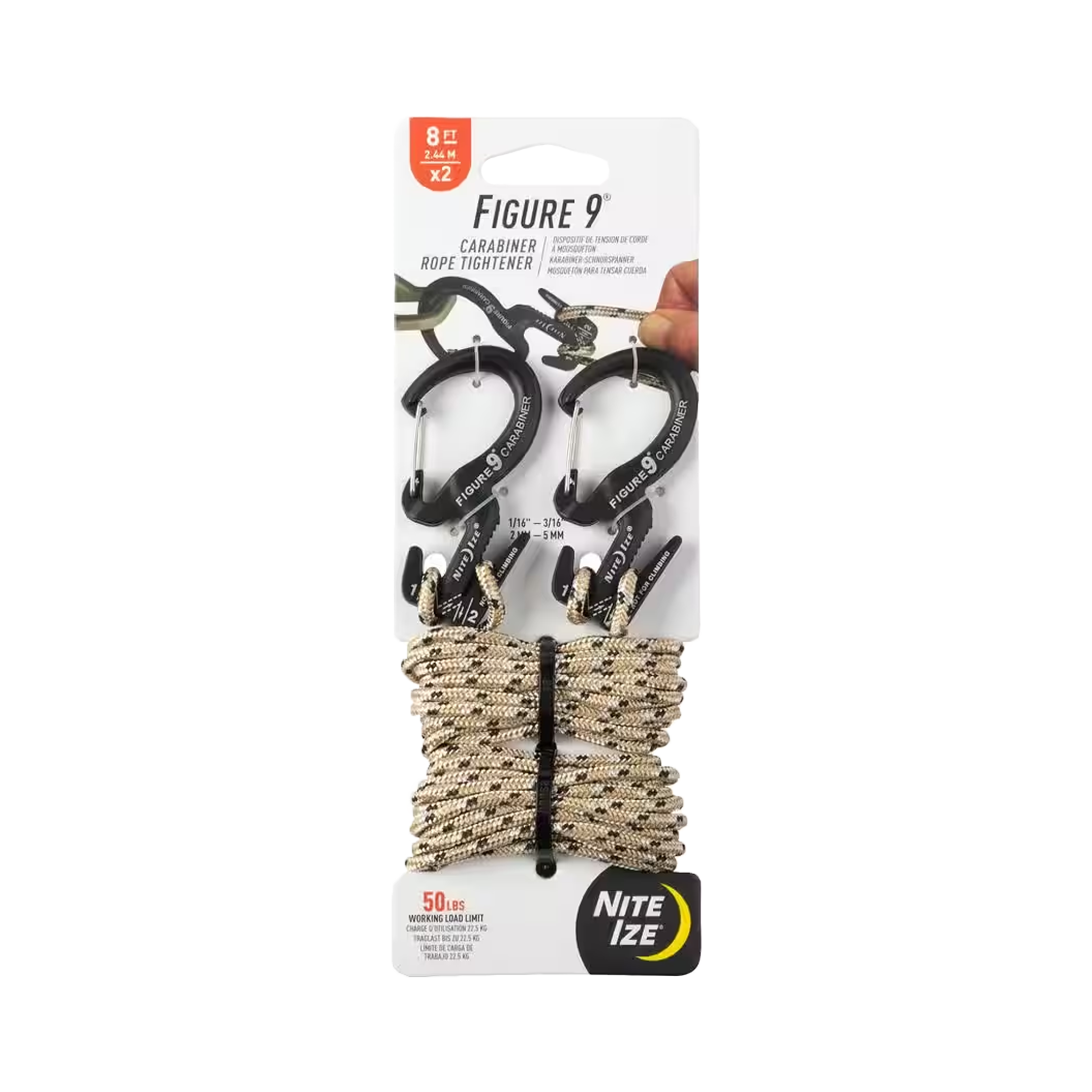 Figure 9® Carabiner Rope Tightener - Small - 2 Pack with Rope - Black