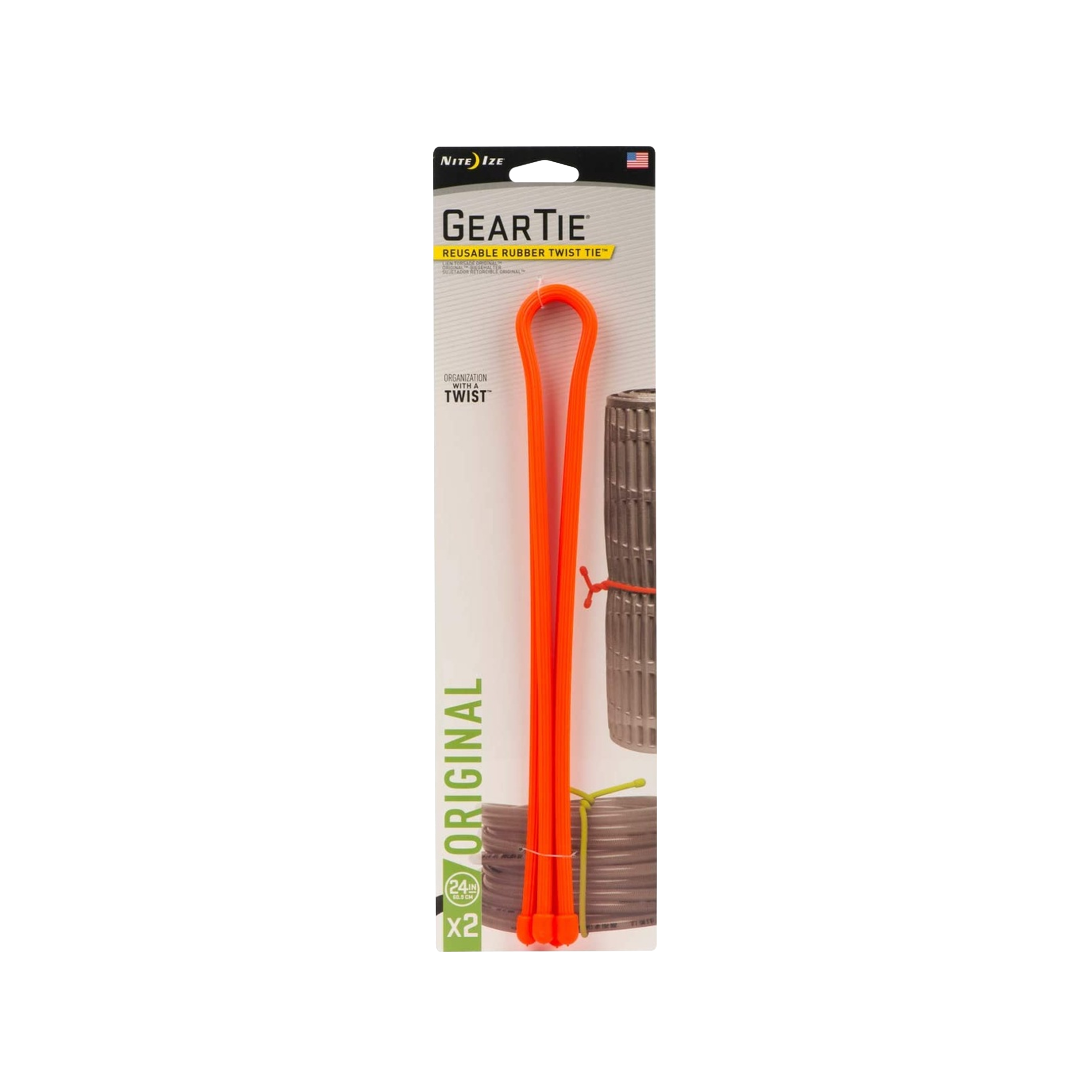 Gear Tie® Reusable Rubber Twist TieTM 24 in. - 2 Pack - Bright Orange