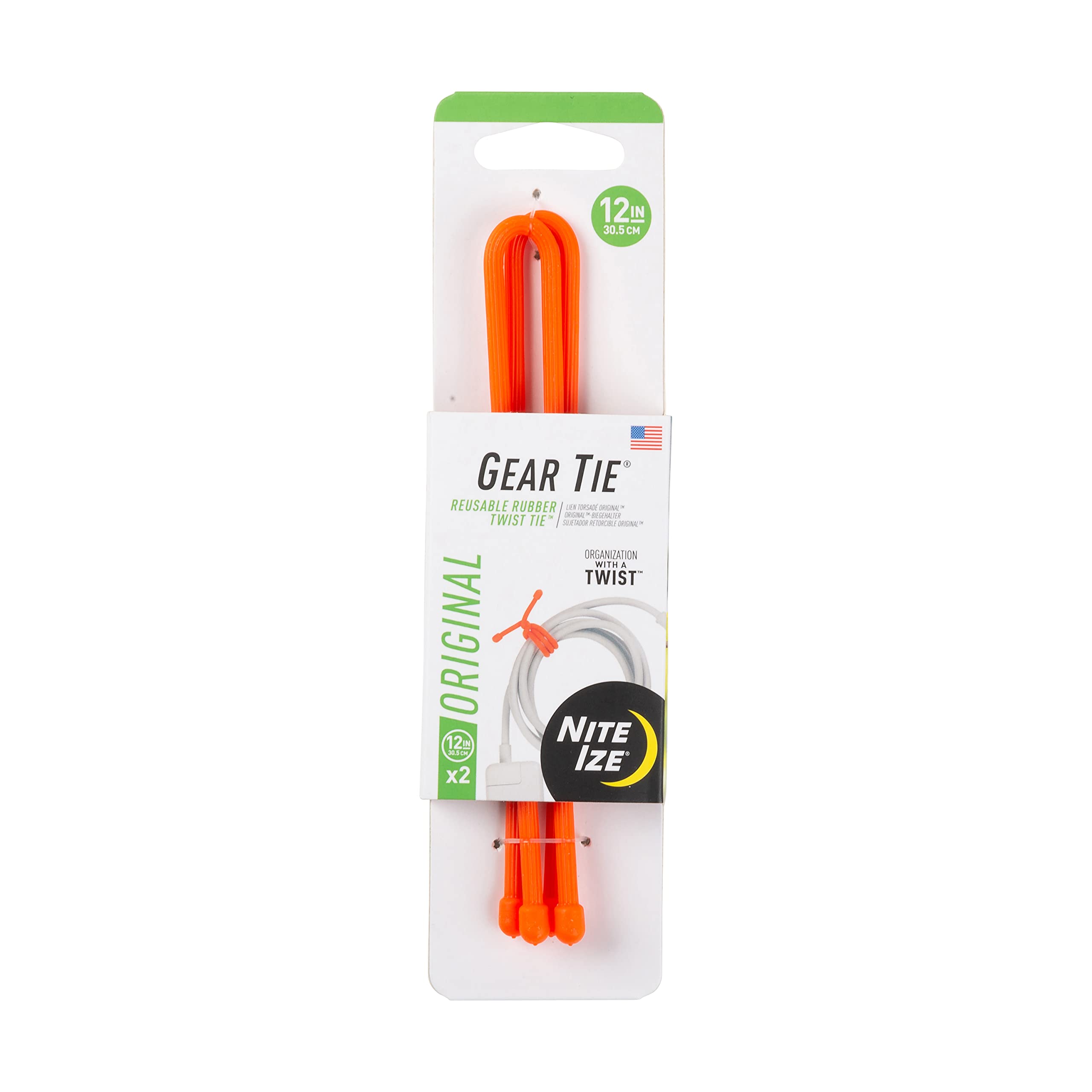 Gear Tie® Reusable Rubber Twist Tie 12 in. 2 Pack Orange